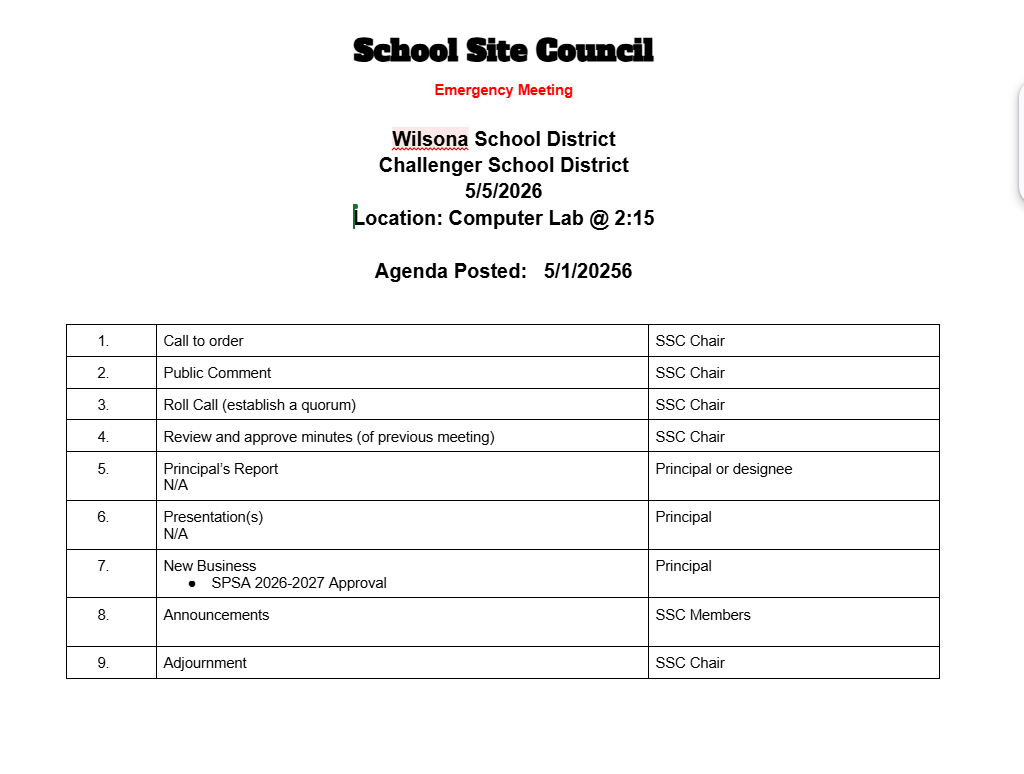 SSC Meeting Agenda